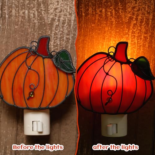 Baquler 2 Pack Stained Glass Pumpkin Night Lights - Plug-in Wall Decor - Thanksgiving Halloween