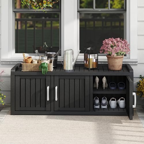 NUNU LAB 3-Door Waterproof Shoe Storage Cabinet with Adjustable Shelves, Entryway Bench, Black