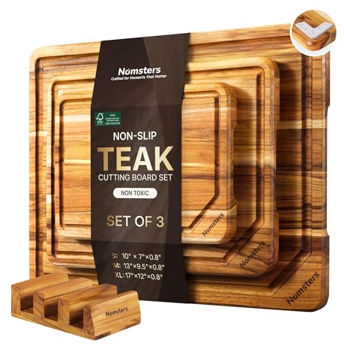 Nomsters 3-Pack Teak Wood Cutting Boards Set with Holder, Non-Slip Base, 10/13/17 Inch