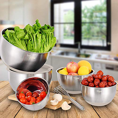 Wildone Stainless Steel Mixing Bowls Set with Airtight Lids Non-Slip Bottom Khaki 5PCS