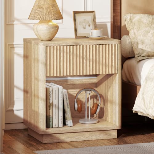 Oak Fluted Nightstand with Charging Station, 1 Drawer - Mid Century Modern Bedroom Furniture