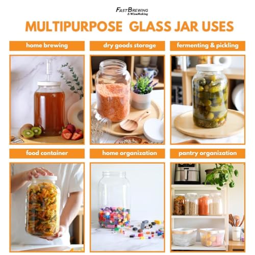 FastRack 1 Gallon Wide Mouth Glass Jars with White Plastic Lids - Pack of 8