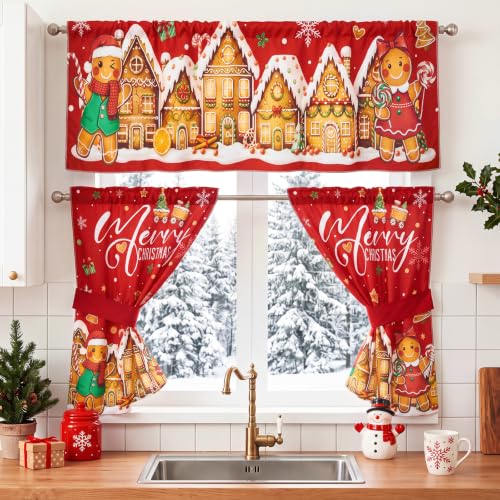 Chumia Red Gingerbread Christmas Kitchen Curtain Set - Valance & Tier Curtains