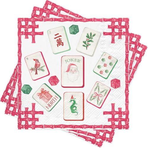 RUSPEPA 25Pcs Christmas Mahjong Paper Napkins - Tiles & Dice Design, 5x5in, Disposable Cocktail Napkins (Variation: Mahjong Tiles and Dice)