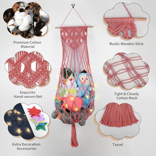 Stuffed Animal Hammock w/LED Star Light, 63 Inch Jumbo Toy Hammock Wall Hanging Plushie Net Holder for Boho Nursery Decor, Watermelon Red Stuffed Animal Storage Organizer for Kid Girls Boys Gift