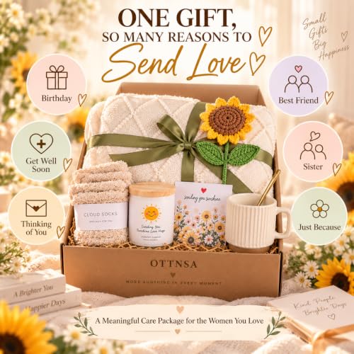 Sunflower Gift Basket for Women - Self Care Set with Blanket, Socks & Mug