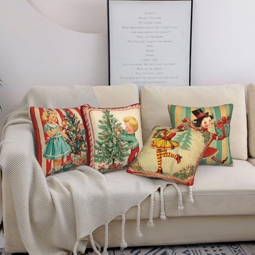 Retro Christmas Throw Pillow Covers Set of 4 - Winter Decorative Linen Cushions 18x18