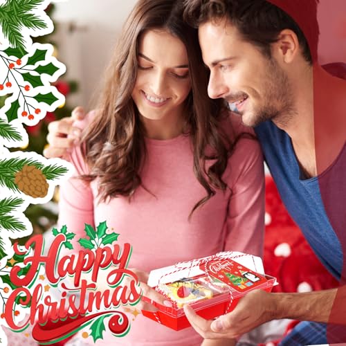 Mooliwe 50 Pcs Christmas Charcuterie Boxes with Ropes & Cards, 7.5" Clear-Lid Dessert Boxes, Red & Green Set for Xmas Party Favors (Variation: 50)