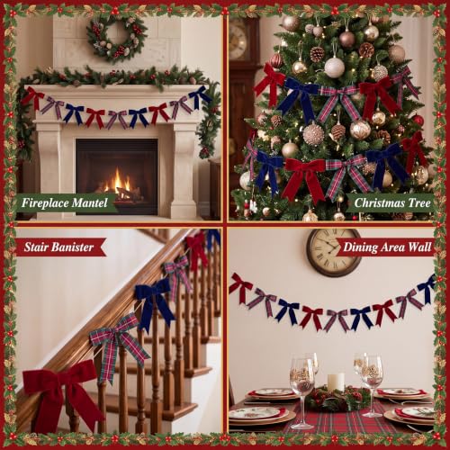 Christmas Garland with Velvet & Tartan Bows - 2 Pack, 6.5 ft Holiday Decor