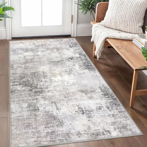 IOHOUZE 3x5 ft Washable Abstract Area Rug Grey Beige Non Slip Entryway Mat