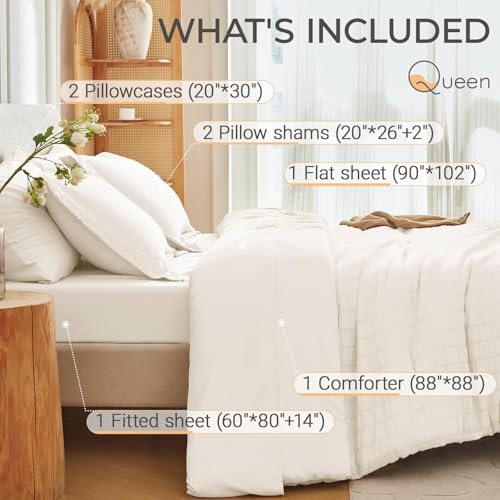 MUXHOMO Ivory Queen Comforter Set 7 Pieces Seersucker Bedding All Season