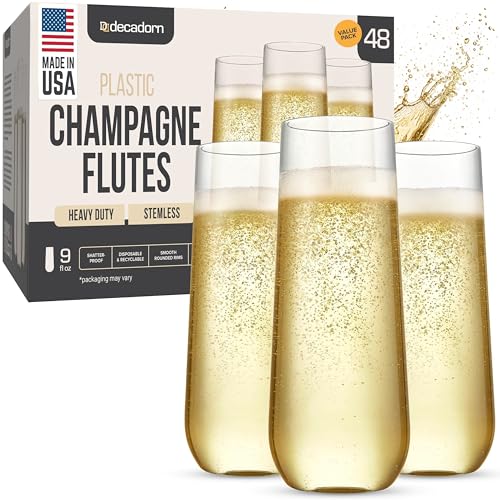 Decadorn 48 Pack Stemless Plastic Champagne Flutes 9 oz Made in USA
