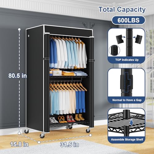 Heavy Duty Rolling Clothes Rack with Lockable Wheels - 32.7" Width, Black with Cover, 600LBS Capacity - Variation: Black Rack with Black Cover / P8C