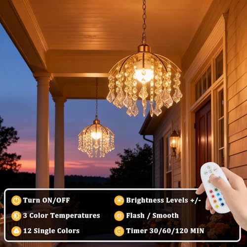 Wireless Crystal Pendant Light with Remote, 12 Colors, Rechargeable Battery, Dimmable 11in Ceiling Chandelier for Indoor & Covered Outdoor
