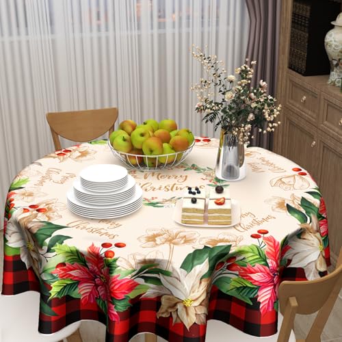 Giwawa 60-Inch Christmas Buffalo Check Plaid Round Tablecloth with Poinsettia Print