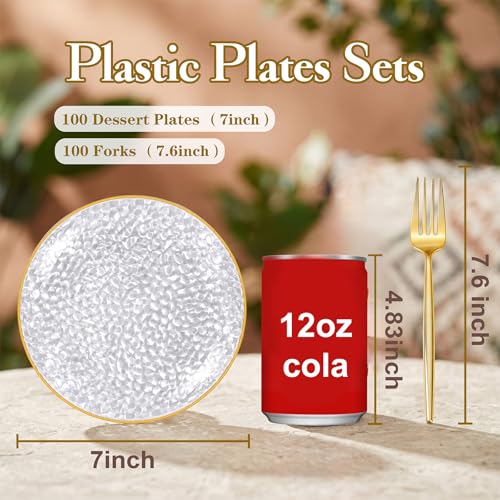 Clear Gold Plastic Dessert Plates 7" with Forks - Hammered Party Set 200 pcs