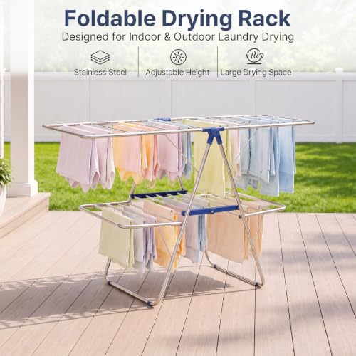 KINGBOARD Large Dark Blue Stainless Steel 2-Tier Foldable Clothes Drying Rack, 57" Max Height