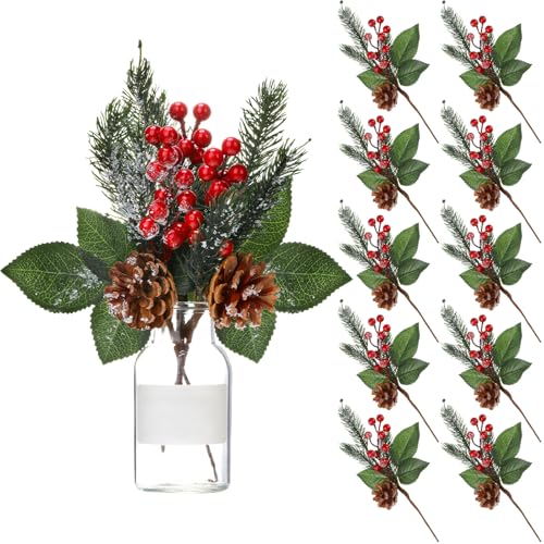 Boao 12 Pcs 11'' Large Christmas Pine Picks - Snowy Leaves, Holly Berries & Pine Cones