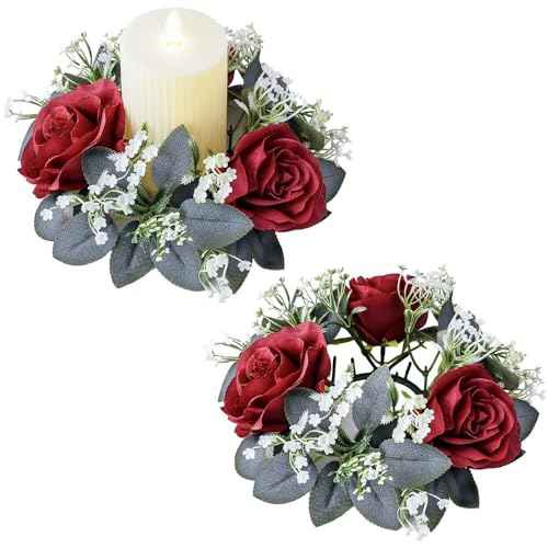 2 Pack Christmas Candle Rings Wreaths,Artificial Rose Floral Wreaths with Eucalyptus Leaves Greenery Small Wreath for Pillar Cabinet Wedding Centerpiece Party Home Table Decor (Red)