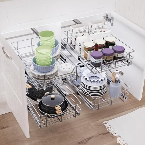 Pull Out Cabinet Organizer 21" W x 22" D - Chrome-Plated, Full Slide Drawers, 1 Tier
