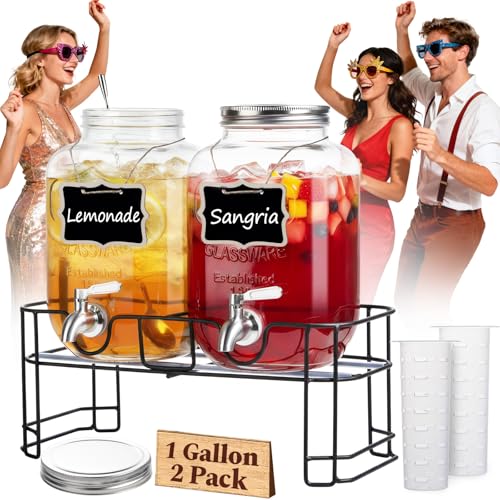 2 Pack Glass Drink Dispensers 1 Gallon with Stainless Steel Spigot & Filter - Leakproof for Parties