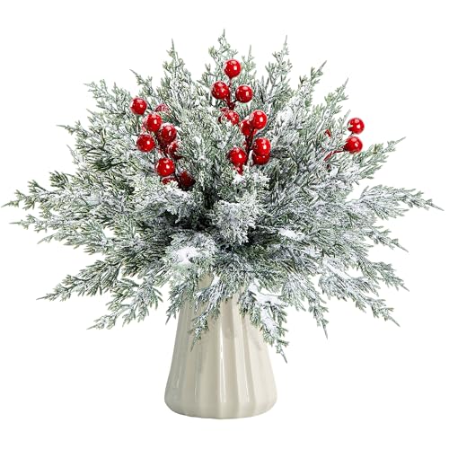 Watayo 45 Pcs Artificial Christmas Snow Pine Branches & Red Berry Stems - Snowy Style