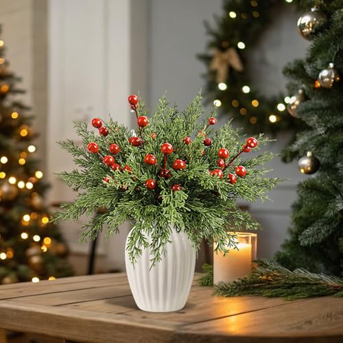 60Pcs Christmas Decorations-11.8'' Artificial Pine Branches with 7.9'' Red Berry Stems, Christmas Decor Faux Pine Greenery Stems, Christmas Tree Decorations & Christmas Picks for Indoor Outdoor