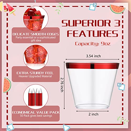 Norme 50 Pack 9 oz Red Rimmed Plastic Cups Heavy Duty Wine Glasses