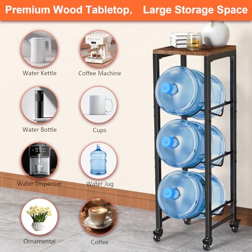 3 Bottle Brown Water Bottle Holder Organizer with Lockable Casters - 5 Gallon Capacity