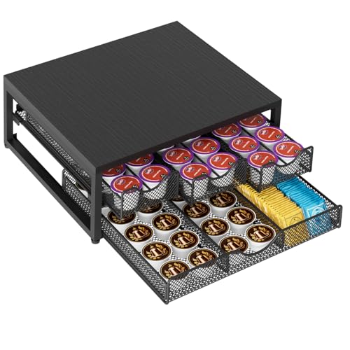 Coffee Pod Holder for Counter - Black Wooden 3 Pull-Out K-Cup Organizer