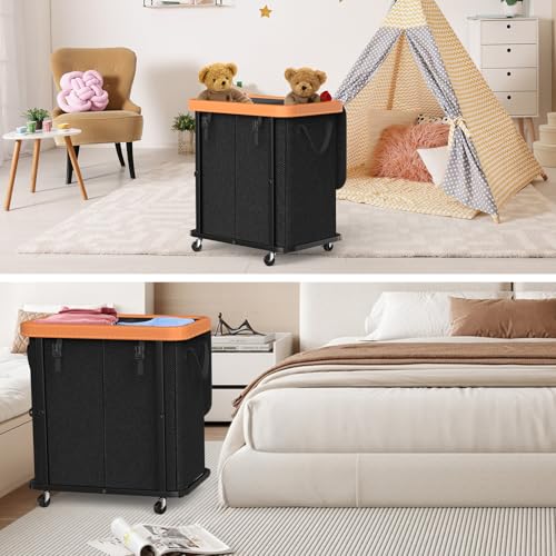 Leather Patchwork Laundry Basket with Wheels - 190L 2-Section Black