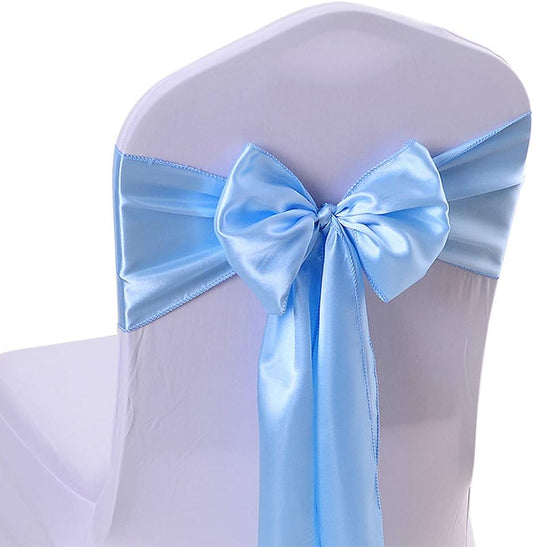 Light Blue Satin Chair Sashes 10-Pack - 7x108 Inch Adjustable Wedding & Party Bows