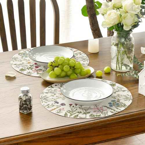 Artoid Mode Antique Herbs Wild Flowers Spring Placemats Set of 4, 14 Inch Summer Round Table Mats for Dining Decoration