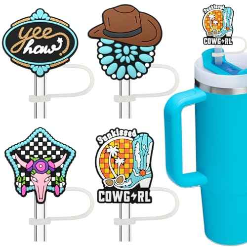 Cowgirl Hat & Boots Straw Toppers - 4PCs Turquoise Silicone Stanley Cup Accessories, Western Gifts for Cowboys & Cowgirls Unique Christmas Stocking Stuffers