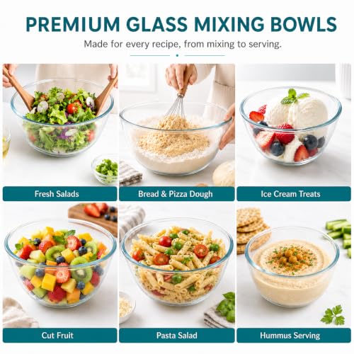 Clear Blue Glass Mixing Bowls with Lids Set - 3-Piece Kitchen Food Prep & Storage
