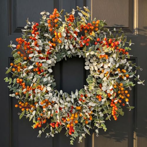 24-Inch Fall Eucalyptus Wreath with Orange Berries - Front Door Decor