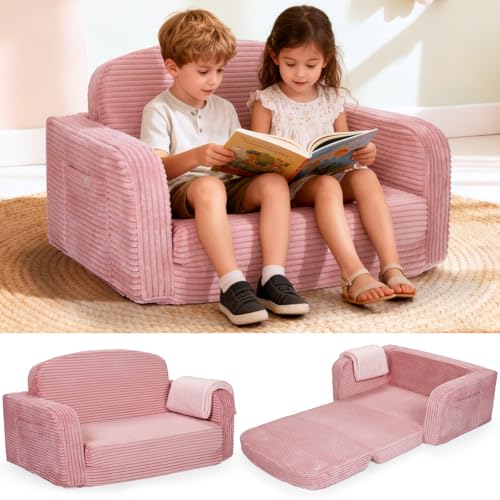 Pink 2-in-1 Convertible Toddler Kids Sofa Chair with Blanket - Foryoomi