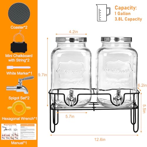 Moretoes 2 Pack 2 Gallon Glass Drink Dispensers with Stand & Spout - Party Beverage Set