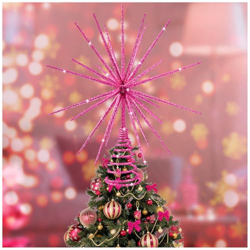 Bright Pink 3D Star Christmas Tree Topper - Glitter Holiday Decoration