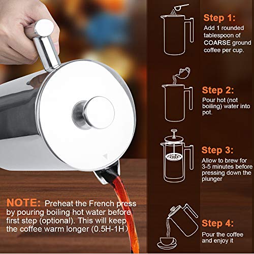 Secura French Press Coffee Maker, 304 Grade Stainless Steel Insulated