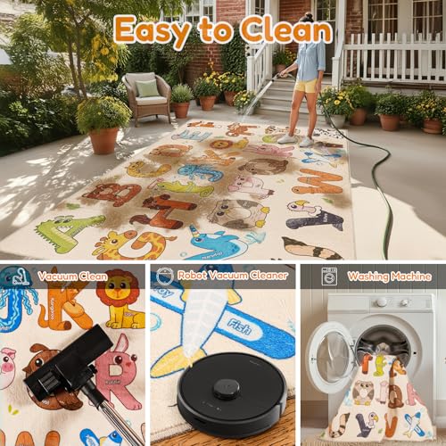 Rezutan 5' x 7' Beige Classroom Alphabet Rug, Washable & Non-Slip Kid's Play Carpet