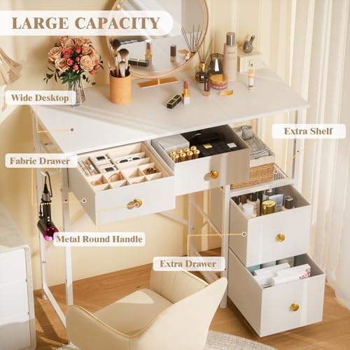 3IngSeagulls Small White Vanity Desk with 4 Fabric Drawers, Reversible Open Shelf, No Mirror