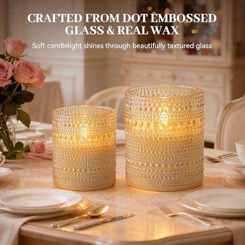 Gold Dotted Glass Flameless LED Candles Set with Remote - Real Wax Finish