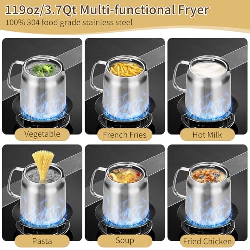 3.7 Quart Stainless Steel Deep Fryer Pot with Basket & Oil Strainer - Dishwasher Safe