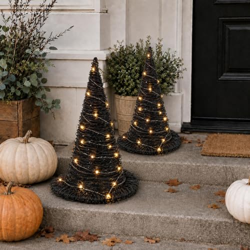 2Pcs Halloween Rattan Witch Hat Table Decor with String Lights - Party Centerpieces