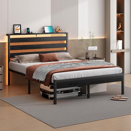 Full Size Metal Platform Bed Frame with Headboard LED USB Storage No Box Spring Black