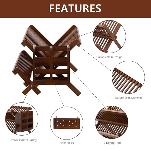 Teak Folding 2-Tier Dish Rack with Utensil Holder - Collapsible Kitchen Drying Stand