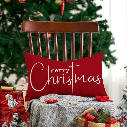Christmas Pillow Covers Merry Christmas Throw Pillow Decorative Christmas Red Cotton Cloth Linen Cloth Pillow Cover Sofa Cover Decorative Rectangle Length 12X20 inches
