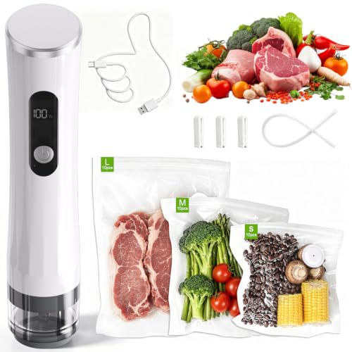 White Handheld Vacuum Sealer for Food Preservation, 65kPa Suction, Reusable Bags
