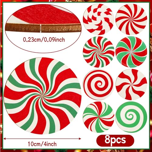 UPINS 8 Pcs Christmas Coasters for Drinks,Wooden Christmas Drink Coasters Red and Green Candy Pattern Table Coasters Holiday Xmas Decor for Home Party Gift
